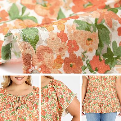 Plus Size Summer Blouse for Women Floral Print Ruffle Sleeve Gathered Tie Neck Vacation Blouses Top