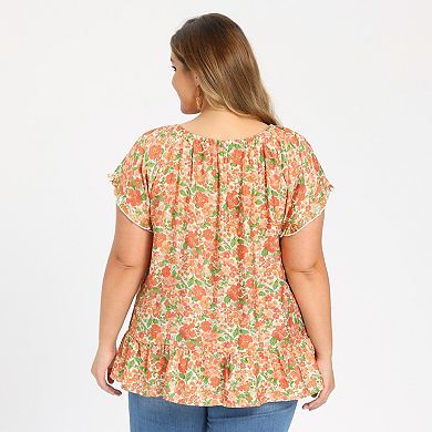 Plus Size Summer Blouse for Women Floral Print Ruffle Sleeve Gathered Tie Neck Vacation Blouses Top