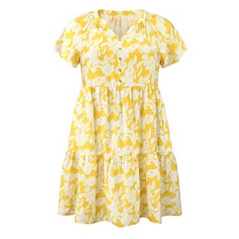 Plus Size Dress for Women Floral Print Button Decor Notch Neck Pockets Tiered Midi A Line Dresses