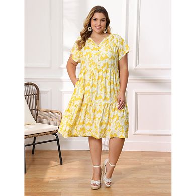 Plus Size Dress for Women Floral Print Button Decor Notch Neck Pockets Tiered Midi A Line Dresses