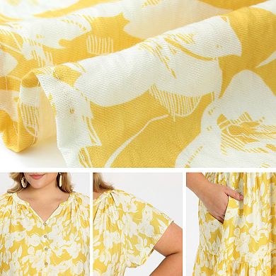 Plus Size Dress for Women Floral Print Button Decor Notch Neck Pockets Tiered Midi A Line Dresses