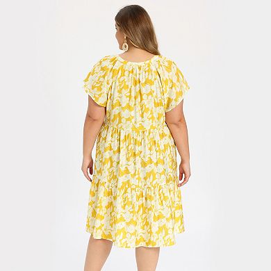 Plus Size Dress for Women Floral Print Button Decor Notch Neck Pockets Tiered Midi A Line Dresses