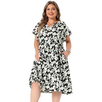 Plus Size Dress for Women Floral Print Button Decor Notch Neck Pockets Tiered Midi A Line Dresses