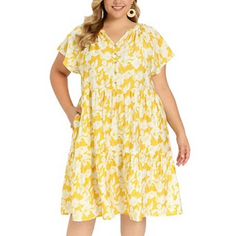 Plus Size Dress for Women Floral Print Button Decor Notch Neck Pockets Tiered Midi A Line Dresses