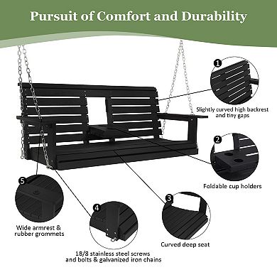 Porch Swing, HIPS Bench Swing with Foldable Cup Holders,Stainless Steel Hardware (3-Seat, Black