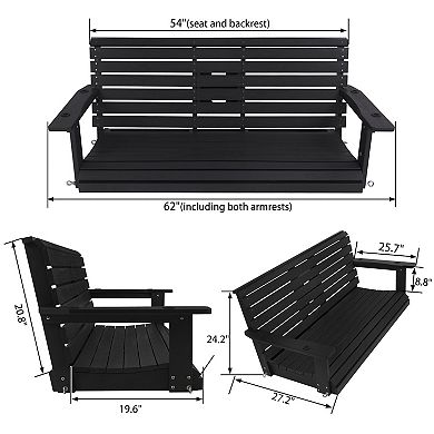Porch Swing, HIPS Bench Swing with Foldable Cup Holders,Stainless Steel Hardware (3-Seat, Black