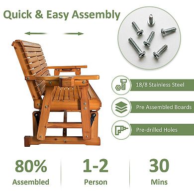 Outdoor Wood Glider with High Roll Back and Cup Holders, Heavy Duty 800 lbs, Teak Tone