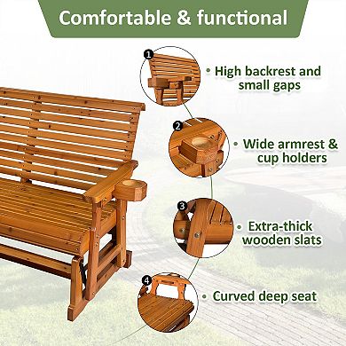 Outdoor Wood Glider with High Roll Back and Cup Holders, Heavy Duty 800 lbs, Teak Tone