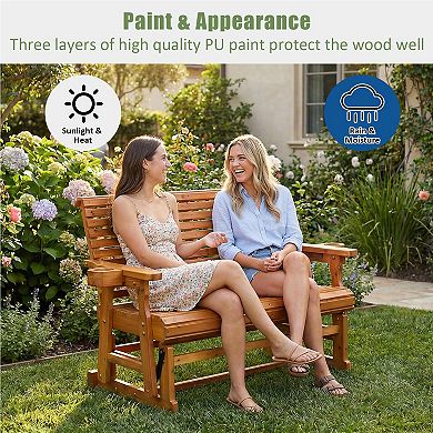 Outdoor Wood Glider with High Roll Back and Cup Holders, Heavy Duty 800 lbs, Teak Tone