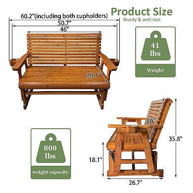 Outdoor Wood Glider with High Roll Back and Cup Holders, Heavy Duty 800 lbs, Teak Tone