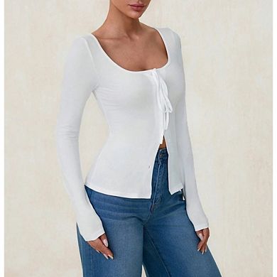 Womens Button Down Crop Tops Square Neck Shirts Long Sleeve Tie Front Loose Party Shirt Blouse