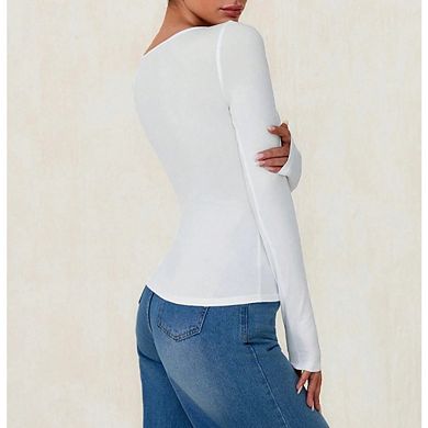 Womens Button Down Crop Tops Square Neck Shirts Long Sleeve Tie Front Loose Party Shirt Blouse