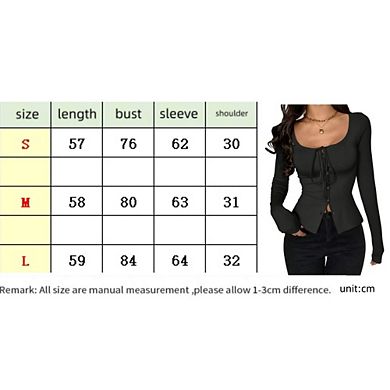 Womens Button Down Crop Tops Square Neck Shirts Long Sleeve Tie Front Loose Party Shirt Blouse
