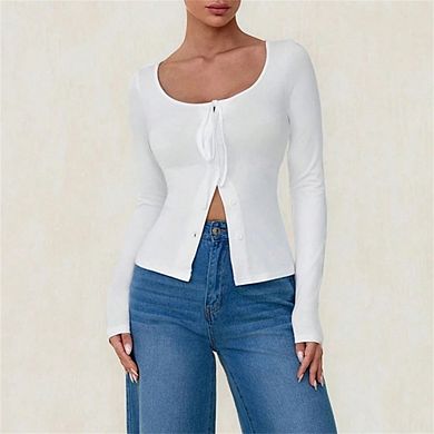 Womens Button Down Crop Tops Square Neck Shirts Long Sleeve Tie Front Loose Party Shirt Blouse