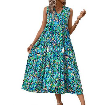 Womens Boho Floral Print Sleeveless Dress Casual V Neck Maxi Beach Sundresses