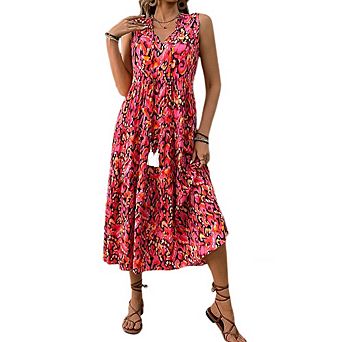Womens Boho Floral Print Sleeveless Dress Casual V Neck Maxi Beach Sundresses