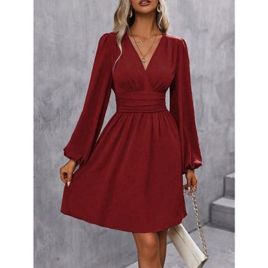 Womens Fall Wrap V-Neck Long Sleeve Empire Waist Dress Elegant Mini Dresses
