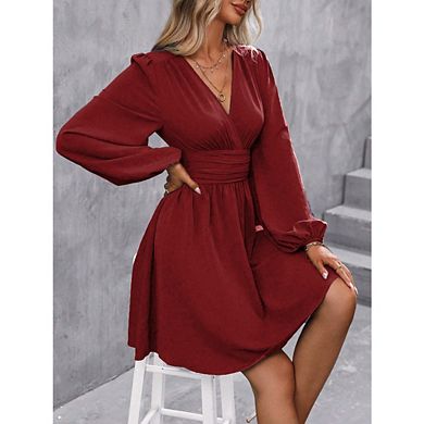 Womens Fall Wrap V-Neck Long Sleeve Empire Waist Dress Elegant Mini Dresses