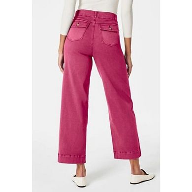 Womens High Waisted Cropped Wide Leg Stretchy Straight Pants Trousers with Pockets