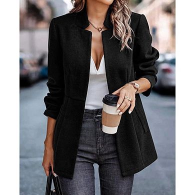 Women’s Open Front Herringbone Blazer-Business Casual Long Sleeve Work Jacket with Full Lining