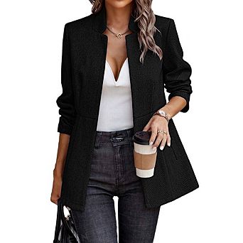 Women’s Open Front Herringbone Blazer-Business Casual Long Sleeve Work Jacket with Full Lining