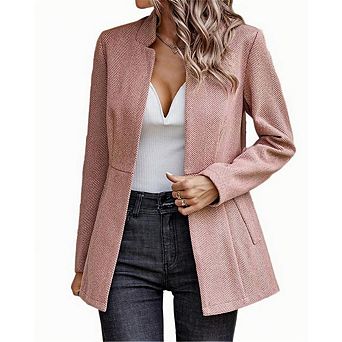 Women’s Open Front Herringbone Blazer-Business Casual Long Sleeve Work Jacket with Full Lining