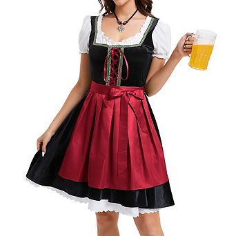 Womens Velvet Dirndl Dress Two Piece German Beer Costume Oktoberfest Halloween Traditional Outfit