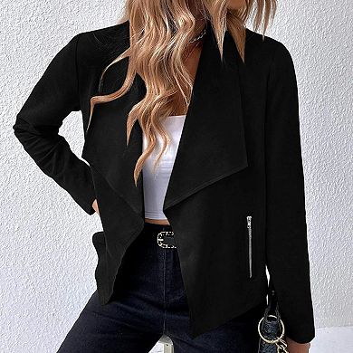 Women Long Sleeve Faux Suede Collar Neck Casual Jacket Coat