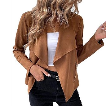 Women Long Sleeve Faux Suede Collar Neck Casual Jacket Coat
