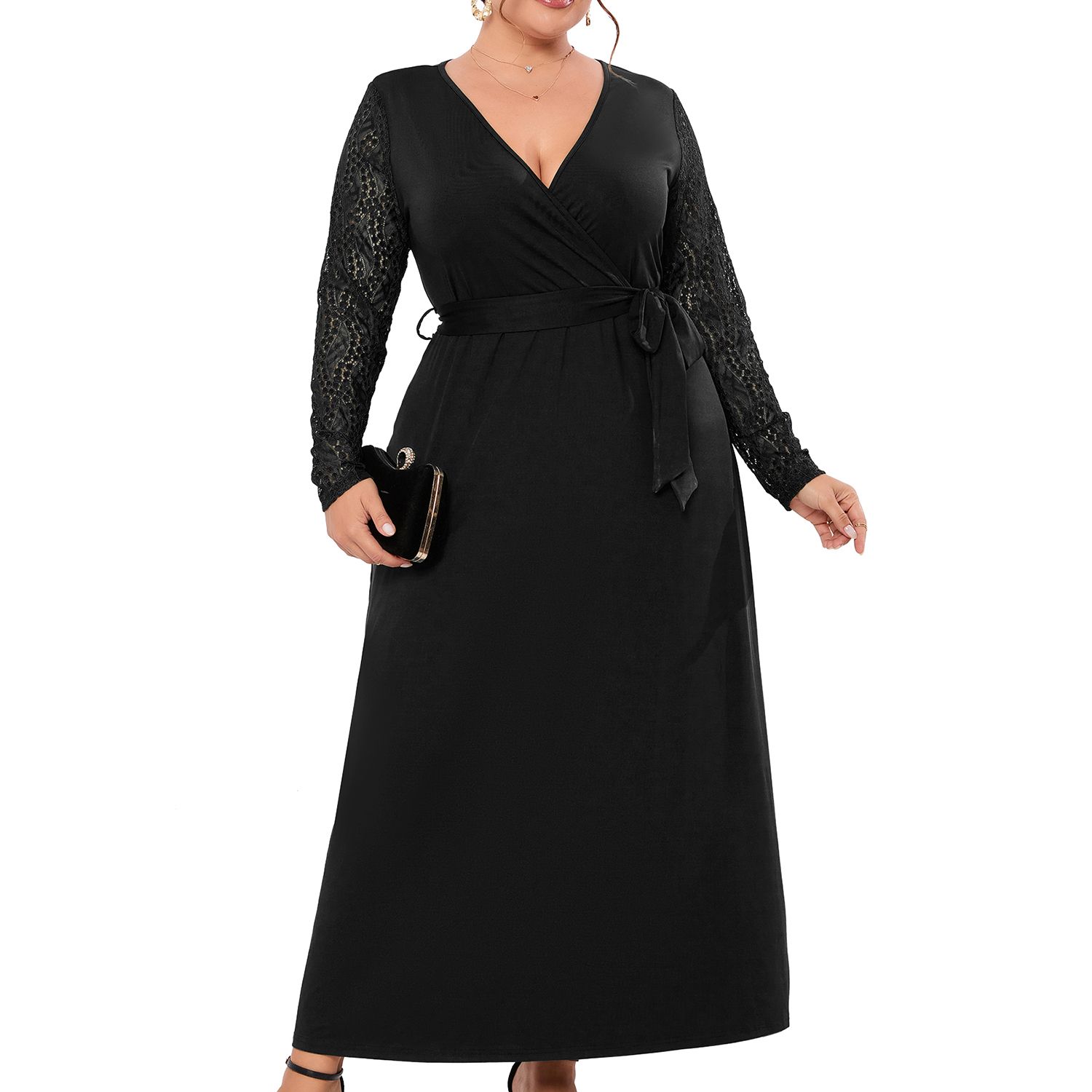 Women's Plus Size Lace Sleeve Maxi Dress Casual Long Dresses Fall Fit and  Flared Criss Cross Neck
