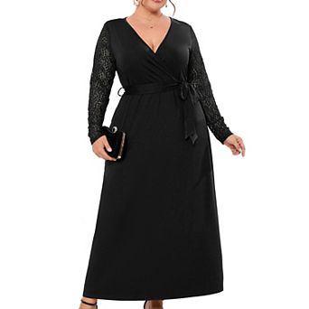Women's Plus Size Lace Sleeve Maxi Dress Casual Long Dresses Fall Fit and Flared Criss Cross Neck