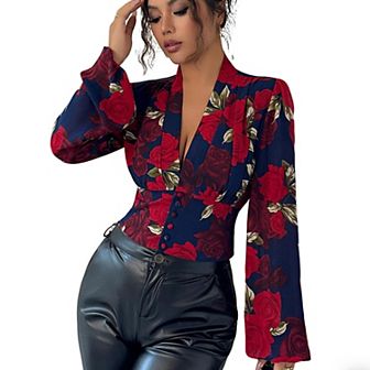 Women's Floral Print Blouse Deep V Neck Long Sleeve Slim Shirt Fall Spring Button Front Crop Top