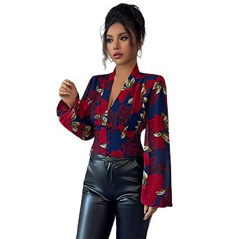 Women's Floral Print Blouse Deep V Neck Long Sleeve Slim Shirt Fall Spring Button Front Crop Top