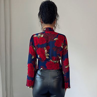 Women's Floral Print Blouse Deep V Neck Long Sleeve Slim Shirt Fall Spring Button Front Crop Top