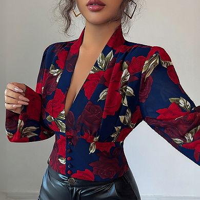 Women's Floral Print Blouse Deep V Neck Long Sleeve Slim Shirt Fall Spring Button Front Crop Top
