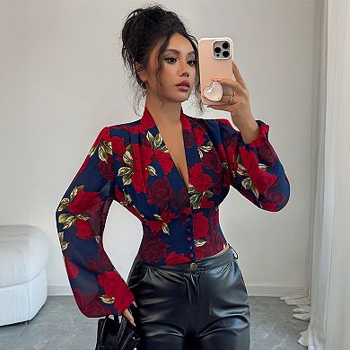Women's Floral Print Blouse Deep V Neck Long Sleeve Slim Shirt Fall Spring Button Front Crop Top