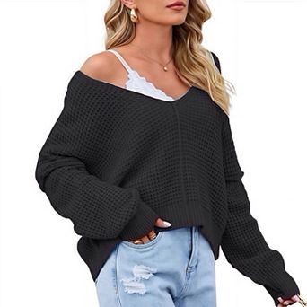Women's Knit Top V-Neck Long Sleeve Off-Shoulder Cropped Sweater, Soft Solid Color