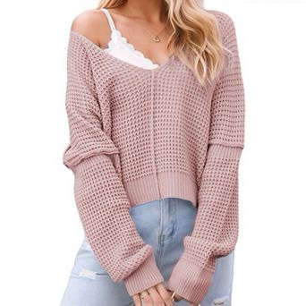 Women's Knit Top V-Neck Long Sleeve Off-Shoulder Cropped Sweater, Soft Solid Color