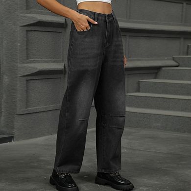 Women Trendy High Waisted Wide Leg Baggy Cropped Relax Fit Stretch Denim Trouser Ankle Pants