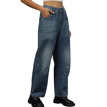 Women Trendy High Waisted Wide Leg Baggy Cropped Relax Fit Stretch Denim Trouser Ankle Pants