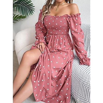 Womens Vintage Dresses Boho Long Sleeve Square Neck Dress Swiss Dot A Line  Flowy Long Maxi