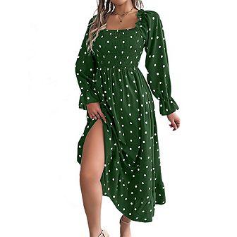 Womens Vintage Dresses Boho Long Sleeve Square Neck Dress Swiss Dot A Line Flowy Long Maxi Dress