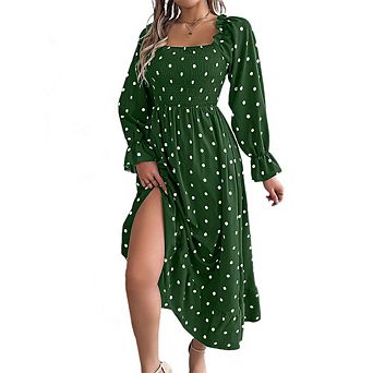 Womens Vintage Dresses Boho Long Sleeve Square Neck Dress Swiss Dot A Line Flowy Long Maxi Dress