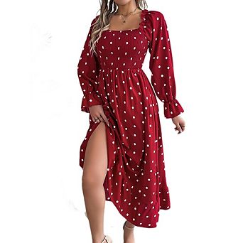 Womens Vintage Dresses Boho Long Sleeve Square Neck Dress Swiss Dot A Line Flowy Long Maxi Dress