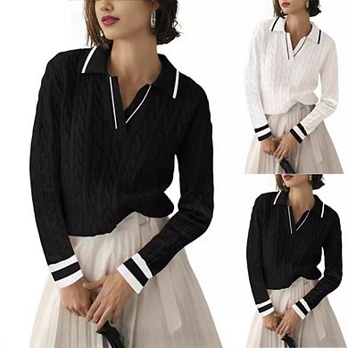 Womens Fall Long Sleeve Sweaters Lapel V Neck Cable Knitted Pullover Casual Soft Jumper Top