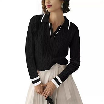 Womens Fall Long Sleeve Sweaters Lapel V Neck Cable Knitted Pullover Casual Soft Jumper Top