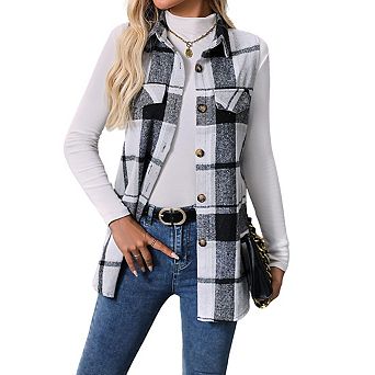 Womens Plaid Sleeveless Casual Collar Neck Button Down Oversized Vest Jacket