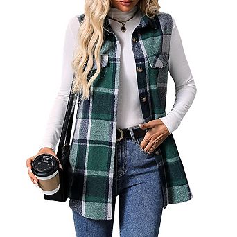Womens Plaid Sleeveless Casual Collar Neck Button Down Oversized Vest Jacket
