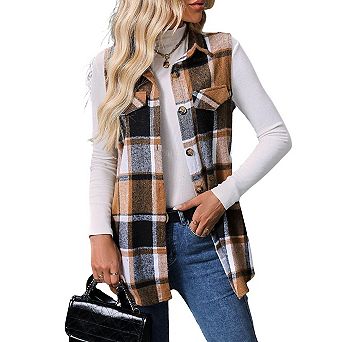 Womens Plaid Sleeveless Casual Collar Neck Button Down Oversized Vest Jacket