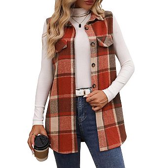 Womens Plaid Sleeveless Casual Collar Neck Button Down Oversized Vest Jacket